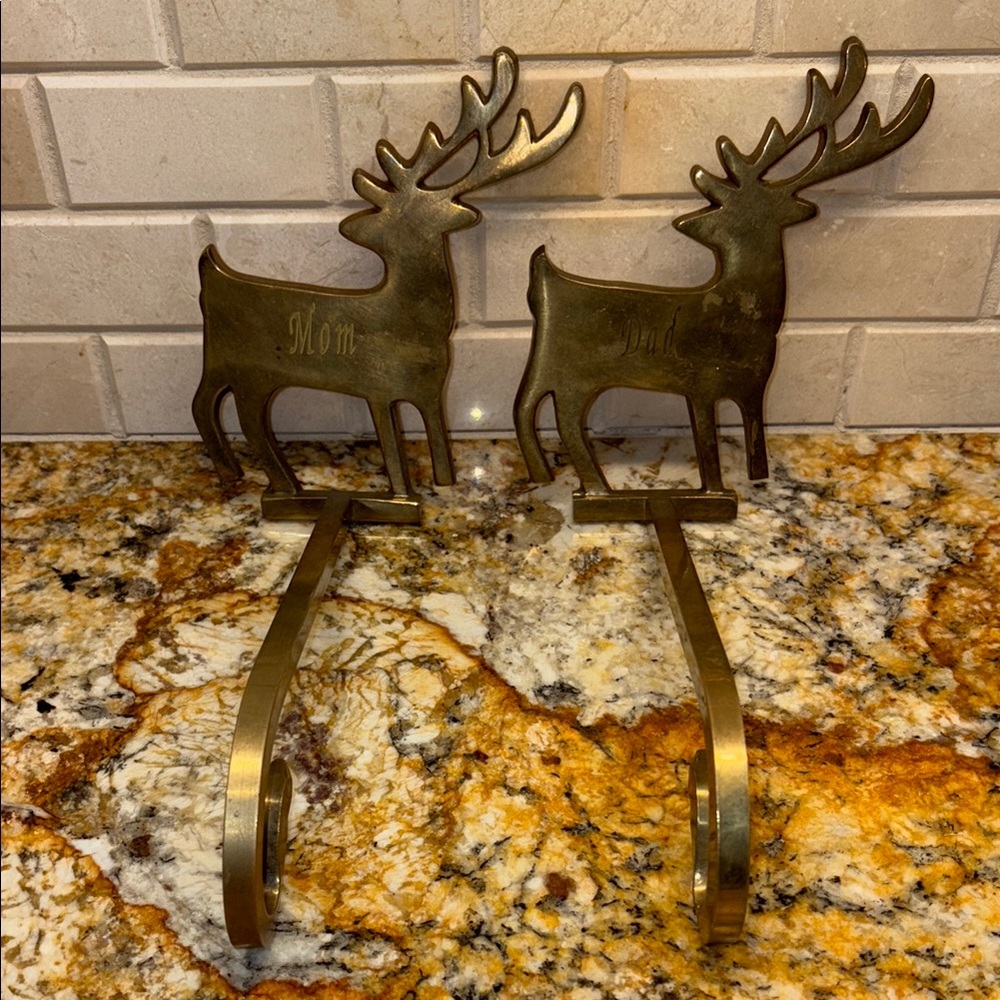 Vintage Brass Reindeer Stocking Holders Mom & Dad Vintage Christmas Decor